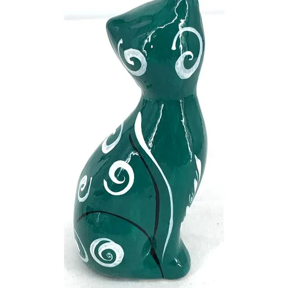 Talavera Cat Figurine Hand Painted Mexican Ceramic Green 5.5" - Picture 5 of 8